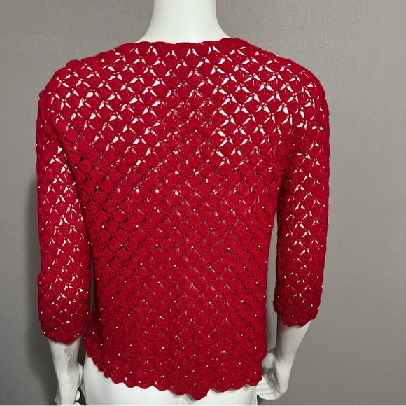 Red Crochet White Pearl Cardigan Sweater Sz-Xtra Small/Small