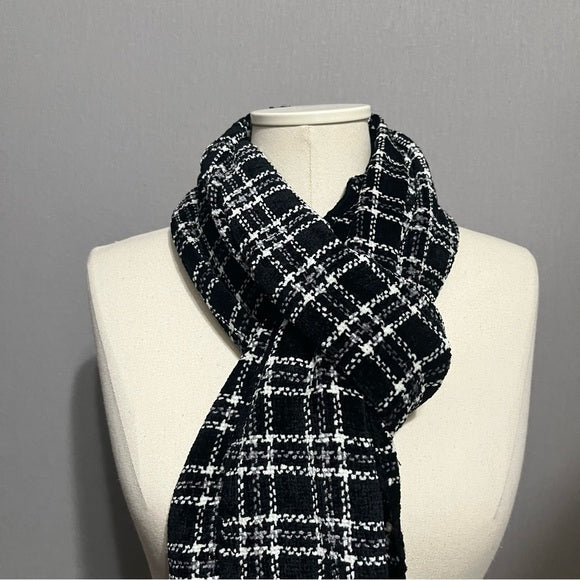 Black & White Plaid With Fringe Scarf One Size