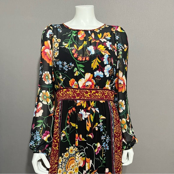 Anthropologie Floral Long Sleeve Sheer Boho Maxi Dress Sz-8