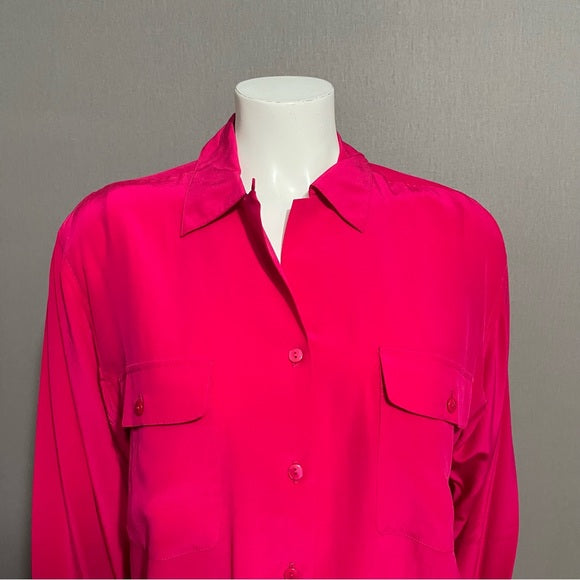 Vintage Sea Winds 100% Silk Fushia Hot Pink Long Sleeve Blouse Sz-10