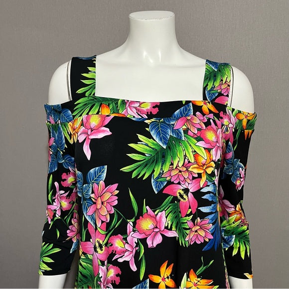 Cha Cha Vente Black With Hawaiian Floral Print Cold Shoulder Top Sz-Large