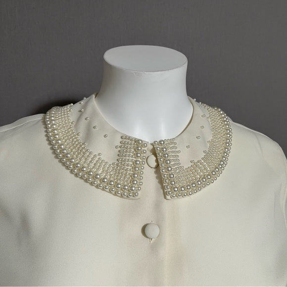 Worthington Pearl Beaded Peter Pan Collar Cream Blouse Sz-18M