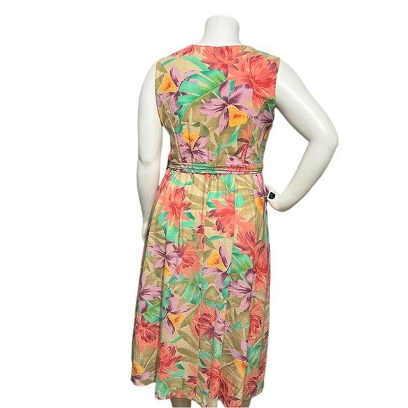 Coldwater Creek Floral Sleeveless Tie Waist Button Front Dress Sz-16P