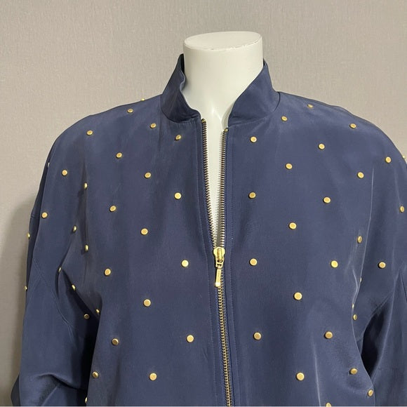 Vintage I.B. Diffusion Navy 100% Silk Gold Stud Bomber Jacket Sz-10