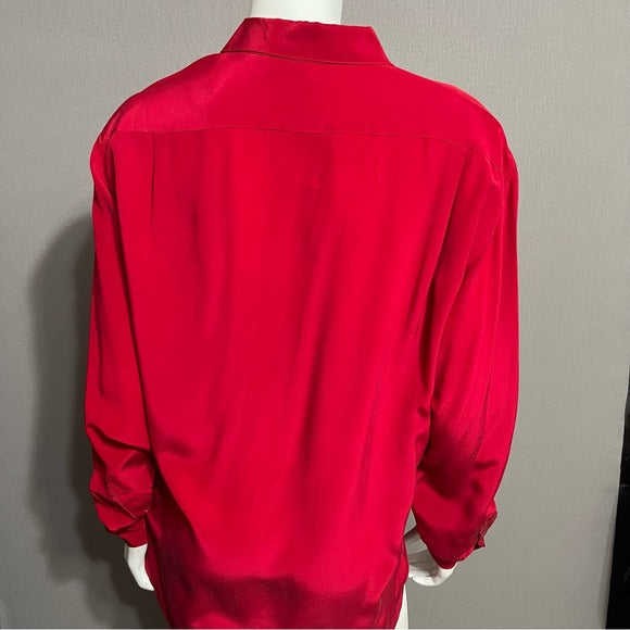 Vintage Sea Winds 100% Silk Red Long Sleeve Blouse Sz-12 (Flawed)