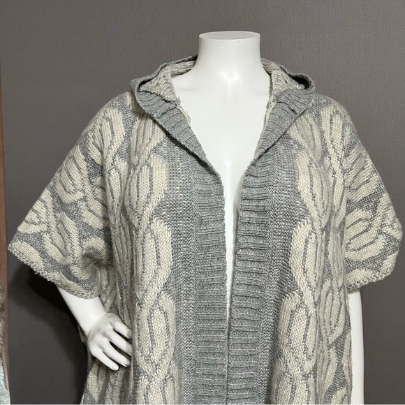 Aerie Gray & White Neutral Print Open Front Hooded Cardigan Sz-Lg/XL