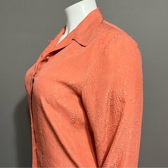 Silk Boutique 100% Silk Rust Pink Textured Floral Button Front Blouse Sz-Large