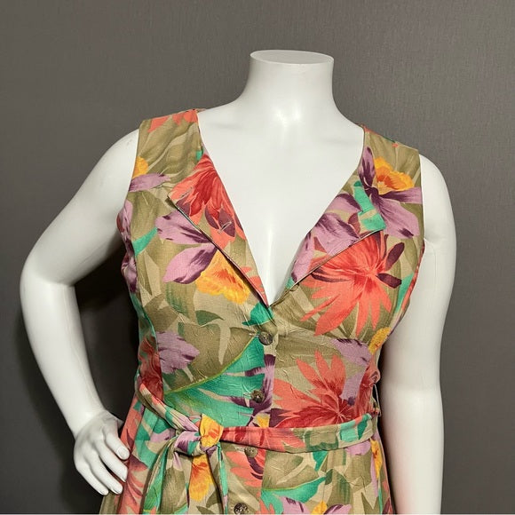 Coldwater Creek Floral Sleeveless Tie Waist Button Front Dress Sz-16P