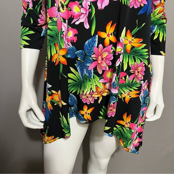 Cha Cha Vente Black With Hawaiian Floral Print Cold Shoulder Top Sz-Large