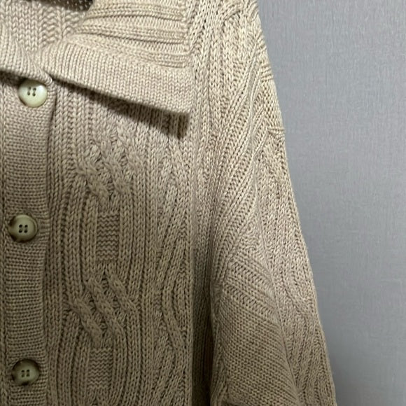 Talbots 100% Wool Tan Button Front Cable Knit Chunky Cardigan Sz-XL