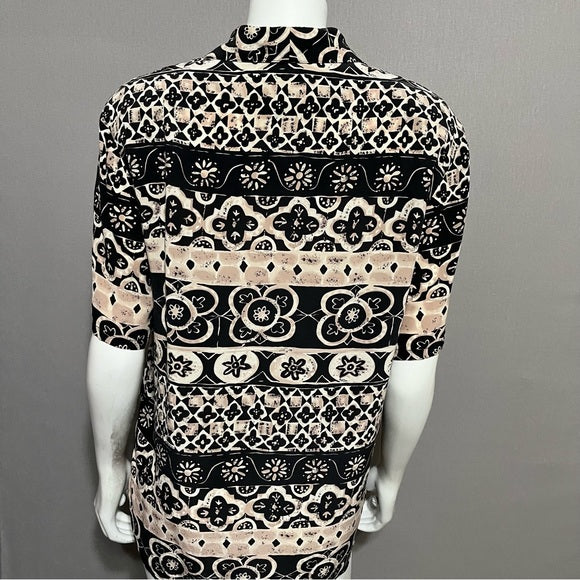 Nora Noh Black With Aztec Print 100% Silk Button Front Blouse Sz-Large