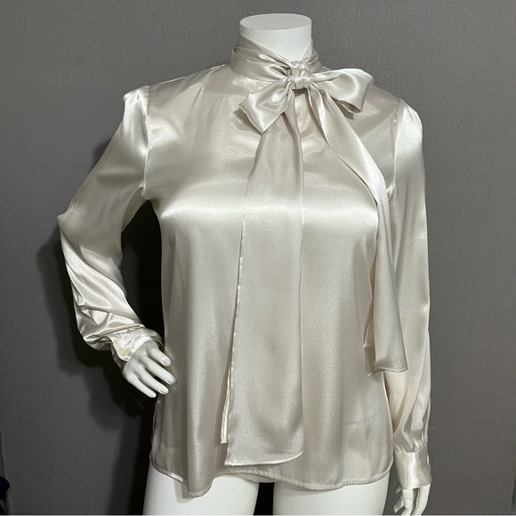 Liz Baker Ecru Bow Tie Neck Satin Long Sleeve Blouse Sz-18 Tall