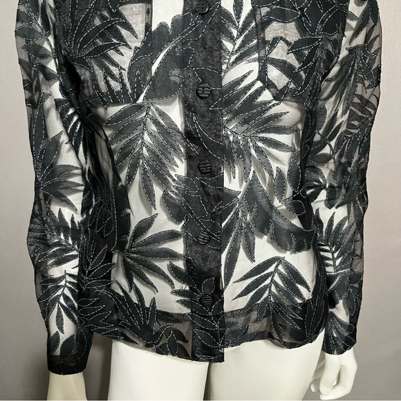 Black Mesh Leaf Print Lightweight Blazer Sz-Medium