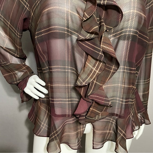 Chaps Burgundy Plaid Sheer Ruffle Blouse Sz-XL