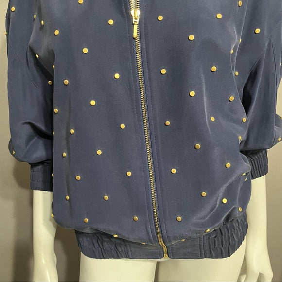 Vintage I.B. Diffusion Navy 100% Silk Gold Stud Bomber Jacket Sz-10