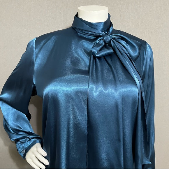 Liz Baker Teal Satin Tie Neck Long Sleeve Blouse Sz-20W