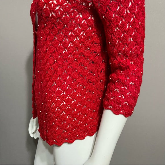 Red Crochet White Pearl Cardigan Sweater Sz-Xtra Small/Small