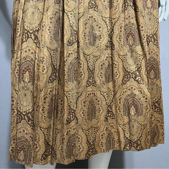 Cortland Collection Paisley Brown Tan Pleated Midi Skirt Sz-14