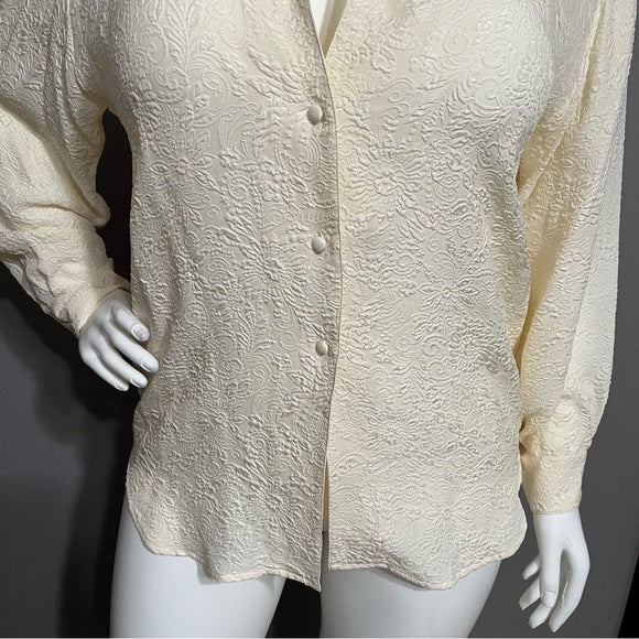 Silk Boutique Cream 100% Silk Textured Floral Blouse Sz-XL