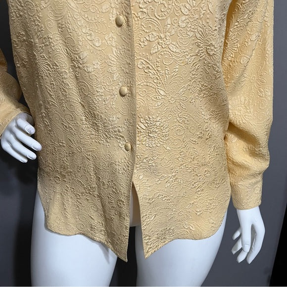 Silk Boutique Canary Yellow 100% Silk Textured Floral Blouse Sz-Large