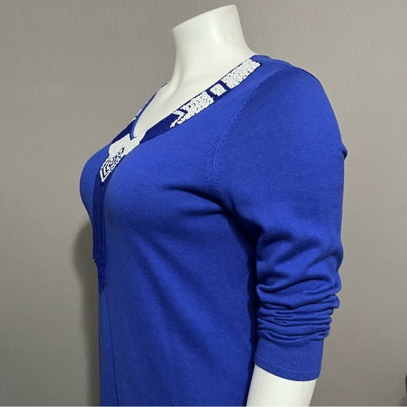 Attitudes By Renee Blue V-Neck Beaded Artsy Cotton Blend Sweater Sz-1X