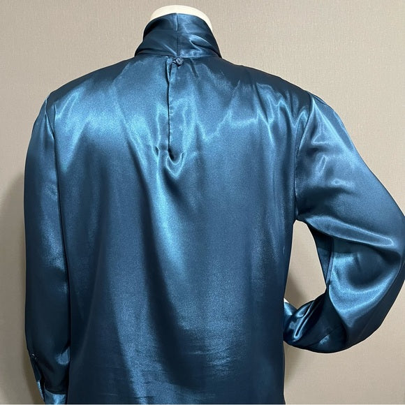 Liz Baker Teal Satin Tie Neck Long Sleeve Blouse Sz-20W