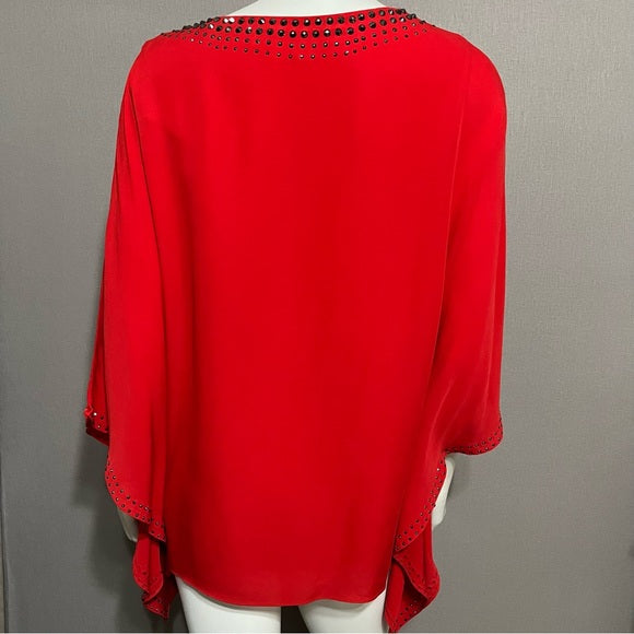 St. John Red Flowy With Studs 100% Silk Blouse Sz-Medium