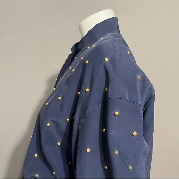 Vintage I.B. Diffusion Navy 100% Silk Gold Stud Bomber Jacket Sz-10