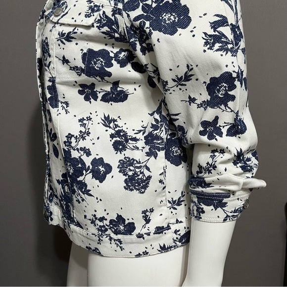 Denim & Company White Cotton Blue Floral Print Denim Jacket Sz-1X