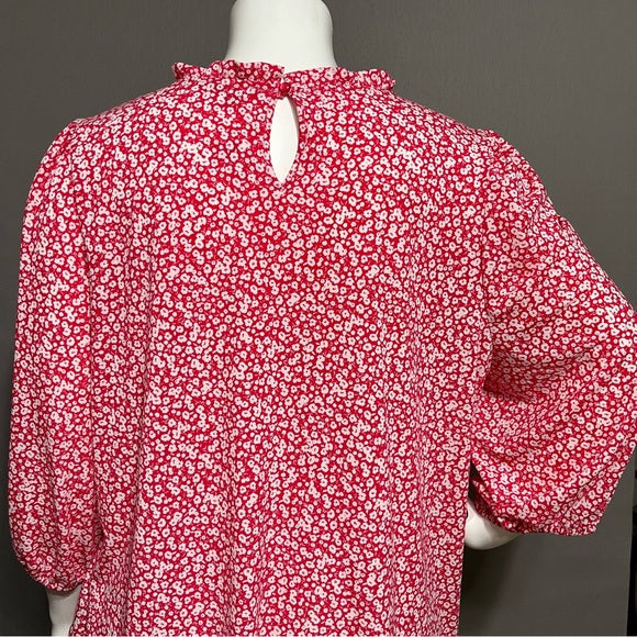 Adrianna Papell Coral Floral Knit Ruffle Collar Top Sz-3X