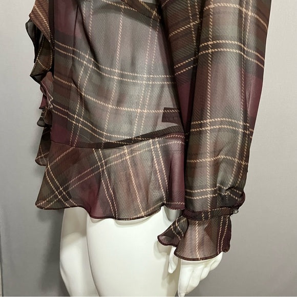 Chaps Burgundy Plaid Sheer Ruffle Blouse Sz-XL