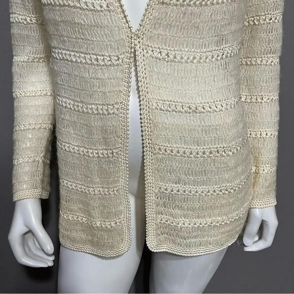 Vintage Friendly Cream Hand Made Knit Open Cardigan Sz-Medium