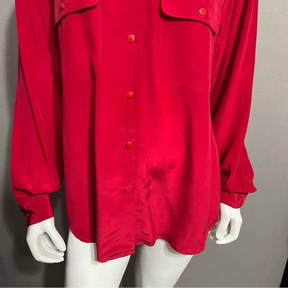 Vintage Sea Winds 100% Silk Red Long Sleeve Blouse Sz-12 (Flawed)