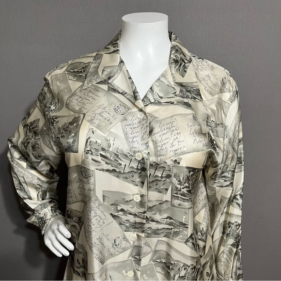 J.H. Collectibles Postcards Print Cream & Gray 100% Silk Blouse Sz-16W