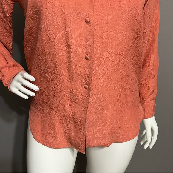 Silk Boutique 100% Silk Rust Pink Textured Floral Button Front Blouse Sz-Large