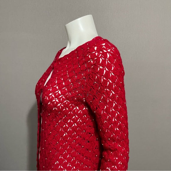 Red Crochet White Pearl Cardigan Sweater Sz-Xtra Small/Small