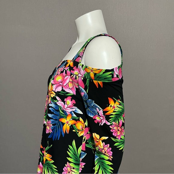 Cha Cha Vente Black With Hawaiian Floral Print Cold Shoulder Top Sz-Large