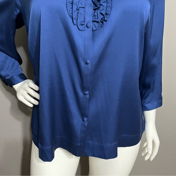 Talbots Blue Silk Ruffle Button Front Blouse Sz-18W