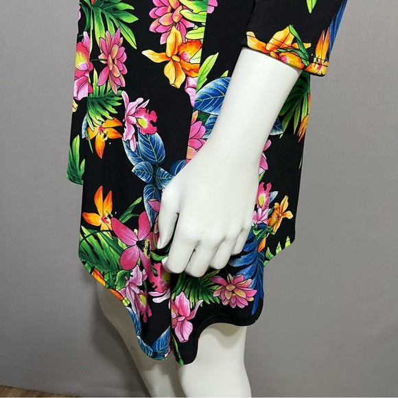 Cha Cha Vente Black With Hawaiian Floral Print Cold Shoulder Top Sz-Large