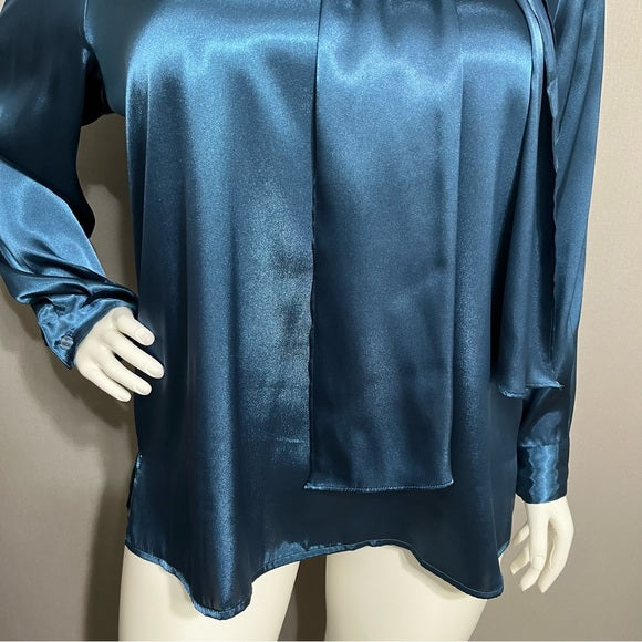 Liz Baker Teal Satin Tie Neck Long Sleeve Blouse Sz-20W