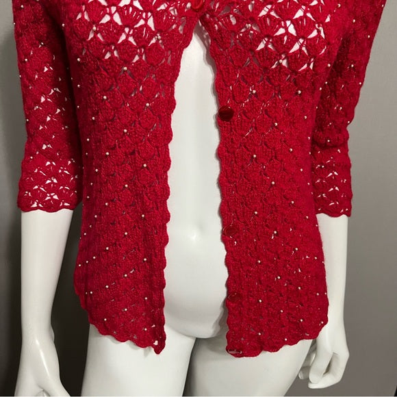 Red Crochet White Pearl Cardigan Sweater Sz-Xtra Small/Small