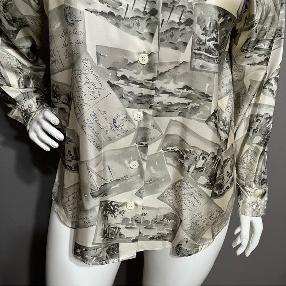 J.H. Collectibles Postcards Print Cream & Gray 100% Silk Blouse Sz-16W