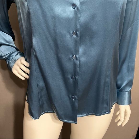 Allison Morgan 100% Silk Blue Jewel Tone Button Front Blouse Sz-1X