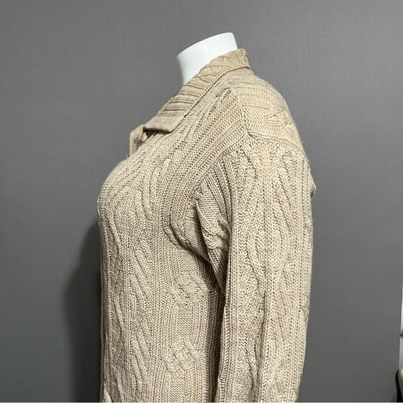 Talbots 100% Wool Tan Button Front Cable Knit Chunky Cardigan Sz-XL