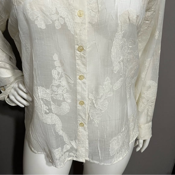 Outfit Woman Cream Sheer Lace Linen Blend Button Front Top Sz-2X