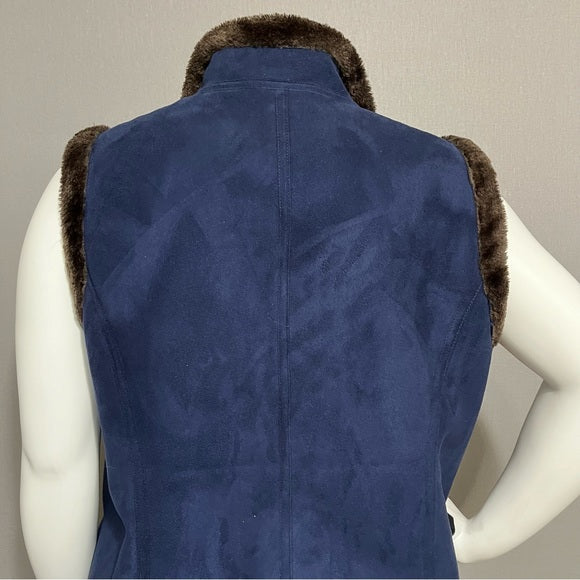 Denim & Co Blue & Brown Faux Fur Lined Vest Sz-1X