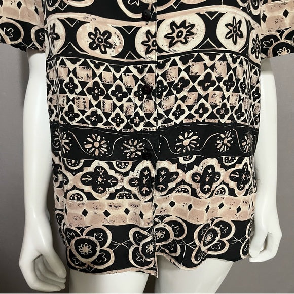 Nora Noh Black With Aztec Print 100% Silk Button Front Blouse Sz-Large