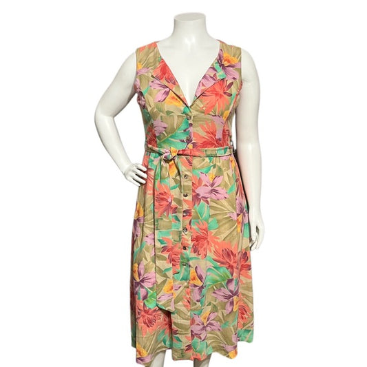 Coldwater Creek Floral Sleeveless Tie Waist Button Front Dress Sz-16P