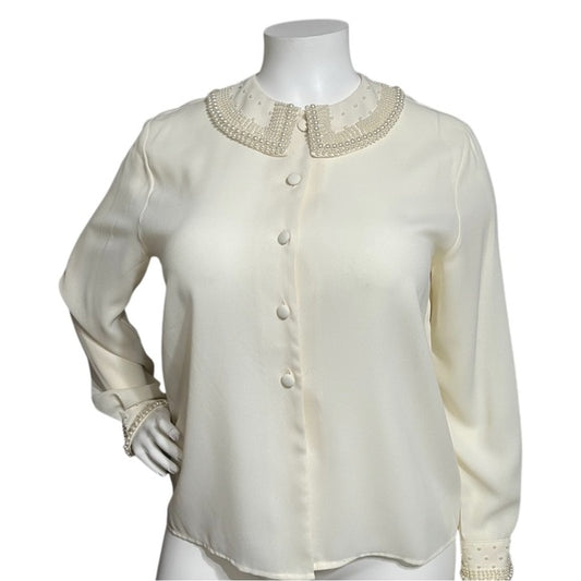 Worthington Pearl Beaded Peter Pan Collar Cream Blouse Sz-18M