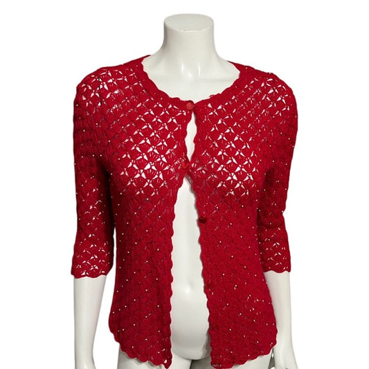 Red Crochet White Pearl Cardigan Sweater Sz-Xtra Small/Small